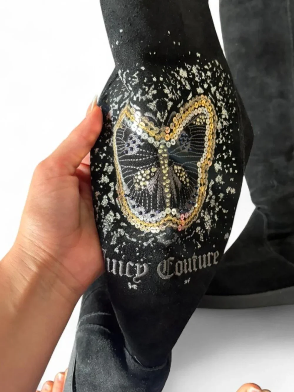 Juicy Couture black suede boots with gold & white butterfly graphic size 7